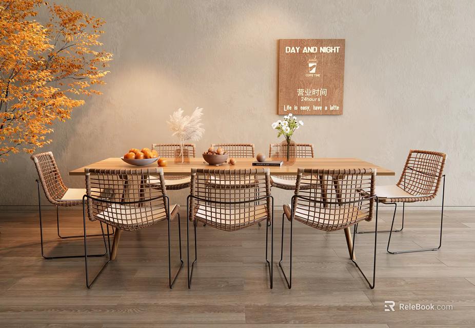 Wooden Dining Table Set with Rattan Chairs Decorative Sign and Yellow Foliage Plant 3d model 