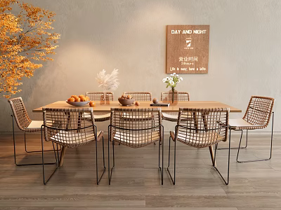 Wooden Dining Table Set with Rattan Chairs Decorative Sign and Yellow Foliage Plant 3d model
