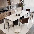Modern Dining Table Set With Marble Top And Brown White Chairs In Kitchen Interior 3d model