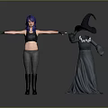 3D Character Models Featuring Blue Haired Woman With Arms Outstretched And Wizard In Dark Robe