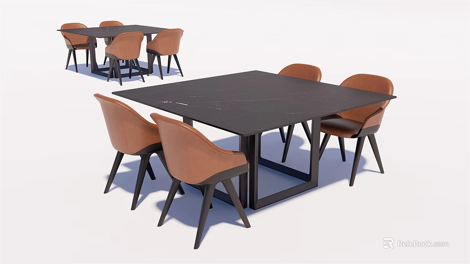 Modern Sleek Dining Table Set with Brown Chairs and Black Tabletop 3d model