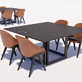 Modern Sleek Dining Table Set with Brown Chairs and Black Tabletop 3d model