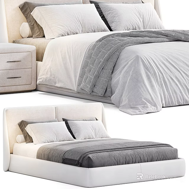 Modern Double Bed Interior With Soft Bedding Pillows And Bedside Table 3d model 