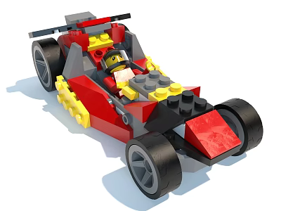 Building Blocks Race Car with Red Yellow Body Black Wheels and Minifigure Driver 3d model