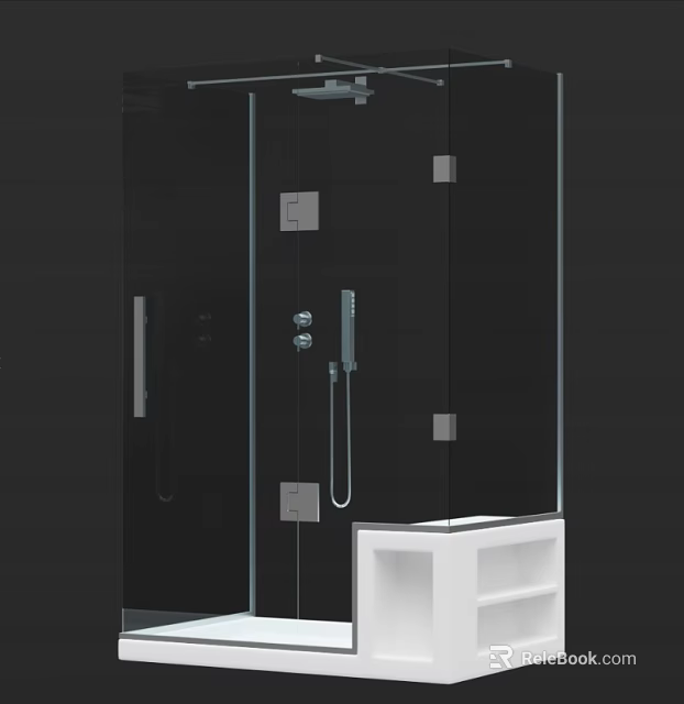 Modern Shower Sauna Design With Glass Enclosure Metal Fixtures And White Storage Shelf 3d model 