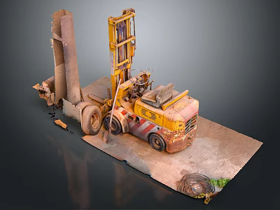 Rusty Yellow Forklift With Old Structure And Dirt On Industrial Ground 3d model