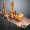 Rusty Yellow Forklift With Old Structure And Dirt On Industrial Ground 3d model