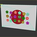 Decorative Ornament Set with Red Circle and Pink Yellow Flowers on White Card