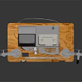 Vintage Film Projector With Wooden Base And Metal Reels On