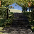 Scenic Park Landscape with Stone Steps Bamboo Trees Hanging Lanterns and Green Plants