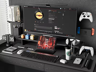 Modern Computer Workstation with Monitor Laptop Keyboard Mouse Headphones and Game Controllers 3d model