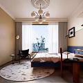 Modern Bedroom Interior With Blue Headboard Bed Wooden Cabinets Chandelier And Round Rug
