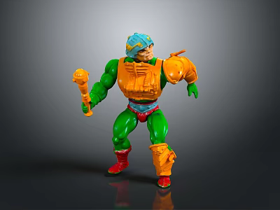 Muscular Warrior Toy Figure With Blue Helmet Green Pants Orange Armor Red Boots And Weapon 3d model