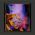 Framed Animated Artwork Featuring Rabbit On Rocky Cliff With Purple Background And Red Accents