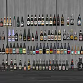 Neatly Arranged Wine Bottles and Glasses Against Gray Wall on Gray Floor With Various Colors Shapes