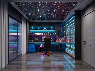 Modern Entertainment Room Interior With Starry Ceiling Neon Lights And Gaming Setup 3d model