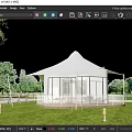 White Luxury Glamping Tent With Full Glass Walls And Cozy Outdoor Terrace On Green Meadow
