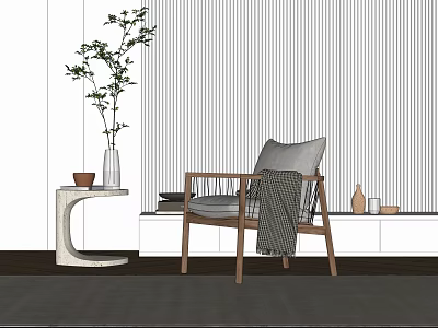 Stylish Leisure Chair with Wooden Frame Armrests Blanket Side Table Vase and Striped Wall 3d model