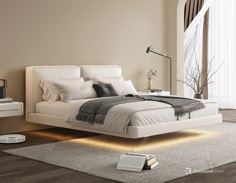 Modern Double Bed With Floating Design Beige Walls Wooden Floor Nightstand Table Lamp And Rug 3d model 