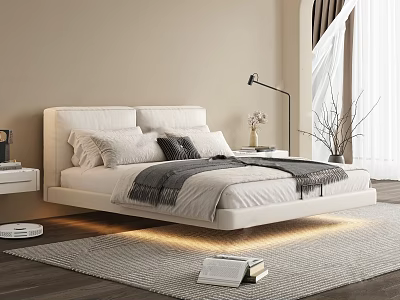 Modern Double Bed With Floating Design Beige Walls Wooden Floor Nightstand Table Lamp And Rug 3d model