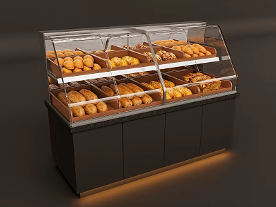 Modern Illuminated Bakery Display Showcase With Transparent Glass And Multiple Bread Shelves 3d model