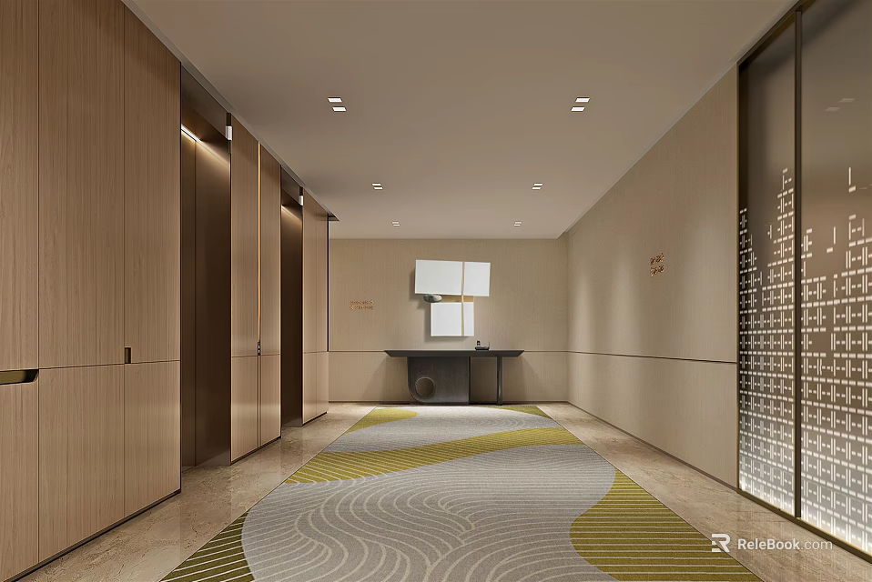 Elevator Hallway With Wooden Doors Patterned Carpet And Ceiling Lights Design 3d model