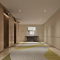 Elevator Hallway With Wooden Doors Patterned Carpet And Ceiling Lights Design 3d model