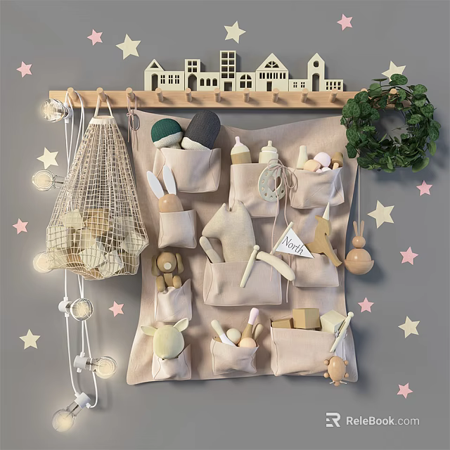 Adorable Wall Hanging Organizer With Wooden Frame Mesh Bag Fabric Pockets Star Lights Green Wreath 3d model 