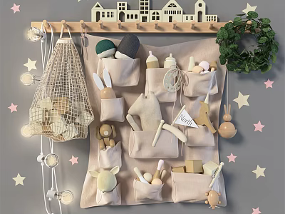 Adorable Wall Hanging Organizer With Wooden Frame Mesh Bag Fabric Pockets Star Lights Green Wreath 3d model