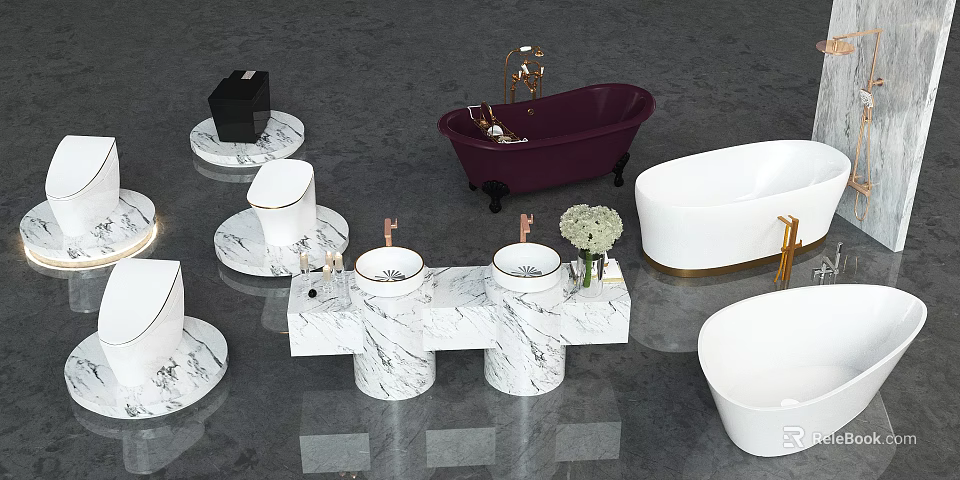 Elegant Modern Toilet In Luxury Bathroom With Marble Vanity Purple Bathtub And Gold Faucet 3d model 