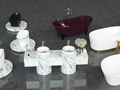 Elegant Modern Toilet In Luxury Bathroom With Marble Vanity Purple Bathtub And Gold Faucet 3d model
