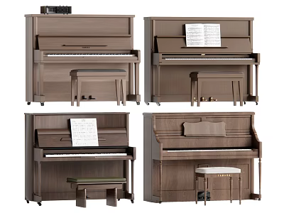 Various Styles Of Wooden Pianos With Stools And Music Sheets 3d model