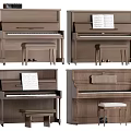 Various Styles Of Wooden Pianos With Stools And Music Sheets