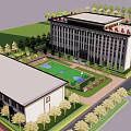 Modern Office Building Exterior Design With Parking Lot And Landscaped Gardens