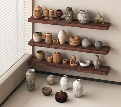 Assorted Ceramic Wares Displayed on Wooden Shelves and Floor in Room with Window Blinds 3d model