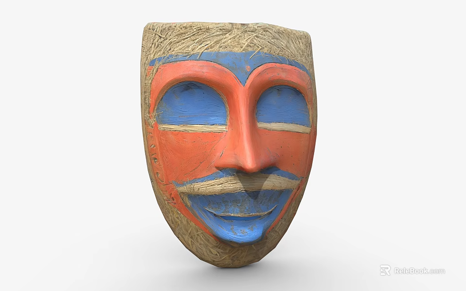 Handcrafted Traditional Style Decorative Ornament Set with Red Blue Mask and Straw Edge 3d model 