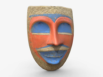 Handcrafted Traditional Style Decorative Ornament Set with Red Blue Mask and Straw Edge 3d model
