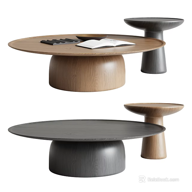 Modern Elegant Round Coffee Tables In Wooden Black And Gray With Books And Small Items 3d model 