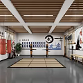 Traditional Martial Arts Fitness Training Room With Wooden Beams Calligraphy Art And Training Posts