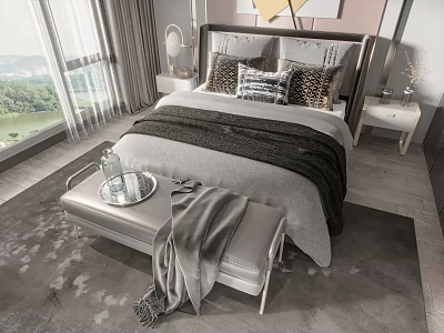 Modern Bedroom Double Bed With Decorative Wall Art Nightstand Lamp Bench Blanket And Scenic View 3d model