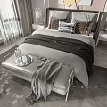 Modern Bedroom Double Bed With Decorative Wall Art Nightstand Lamp Bench Blanket And Scenic View