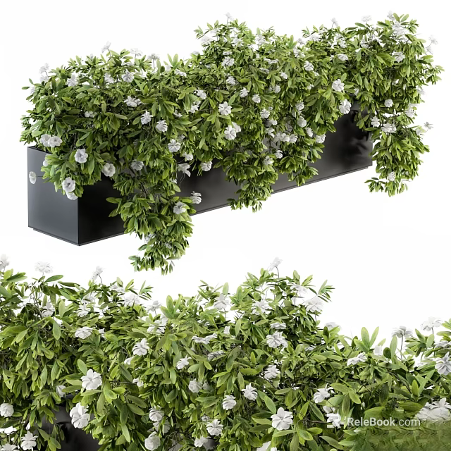 Decorative Ornament Set With Green Plants White Flowers And Black Rectangular Container 3d model