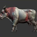 Pink and white cow with unique coloration standing against dark background