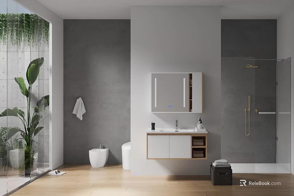 Modern Bathroom Interior With Gray Walls White Vanity Mirrored Cabinet Toilet And Green Plant 3d model 