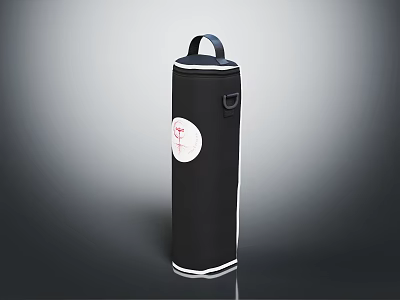 Black Cylindrical Storage Bag With Handle Buckle White Circular Label And Red Logo 3d model