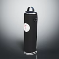 Black Cylindrical Storage Bag With Handle Buckle White Circular Label And Red Logo