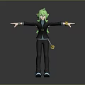 Green-haired Character Wearing Black Outfit Blue Shoes Golden Bracelets and Yellow Creature Pendant Arms Outstretched