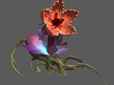 Vibrant Red And Purple Flowers With Exotic Petals And Green Curved Roots 3d model
