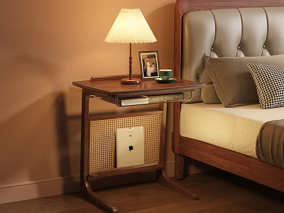 Wooden Bedside Table With Table Lamp Photo Frame Cup And Wicker Basket Next To Bed 3d model