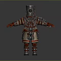 Steampunk Armored Character With Metal Helmet Orange Glowing Eye And Holding Glass Bottle